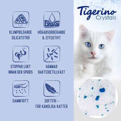 Tigerino Crystals. Klumpbildande silicatströ, högabsorberande & effektivt, stoppar lukt innan den sprids, hämmar bakterietillväxt, dammfritt, doftfri – för känsliga katter.