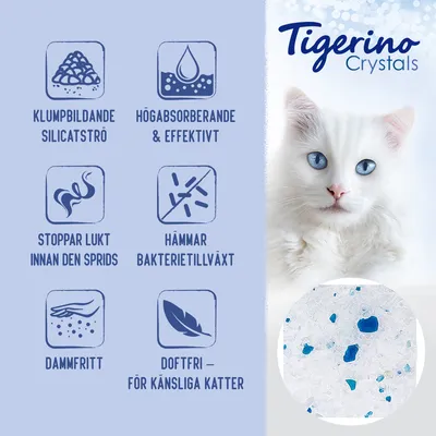 Tigerino Crystals. Klumpbildande silicatströ, högabsorberande & effektivt, stoppar lukt innan den sprids, hämmar bakterietillväxt, dammfritt, doftfri – för känsliga katter.