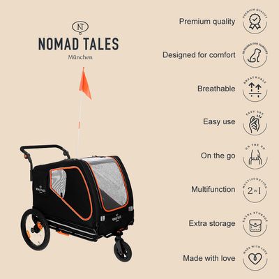 NOMAD TALES München hondenfietskar met oranje vlag, zichtbaar: ademend gaas, grote wielen, merknaam op kar. Tekst: Premium quality, Designed for comfort, Breathable, Easy use, Multifunction.