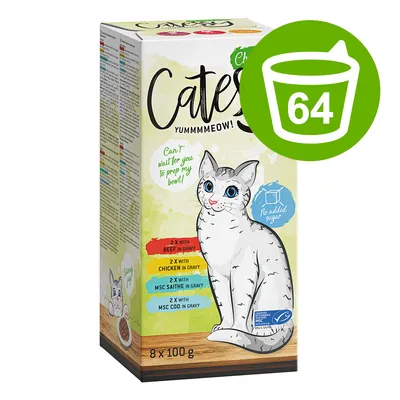 Cates Yummmeow! Nassfutter für Katzen, 8 x 100 g. Sorten: 2x Rind in Soße, 2x Huhn in Soße, 2x MSC Köhler in Soße, 2x MSC Kabeljau in Soße. Ohne Zuckerzusatz.