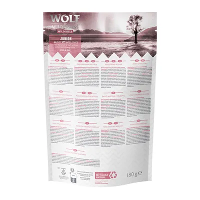 Wolf of Wilderness Wild Bites Junior Leafy Willows, 180g. Descripción en varios idiomas, material reciclable, símbolo de plástico y papel.