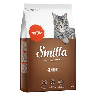 Smilla Senior macskaeledel, baromfi, 10 kg. Feliratok: FOOD FOR A LIFETIME, PLENTY OF ENERGY, OMEGA FATTY ACIDS, YUCCA SCHIDIGERA. Cica képe a csomagoláson.