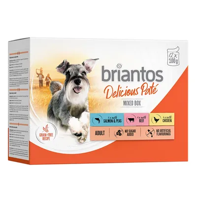 Briantos Delicious Paté Mixed Box, 12x100g. Gusti: salmone e piselli, manzo, pollo. Per cani adulti. Senza zuccheri aggiunti, senza aromi artificiali, ricetta senza cereali.