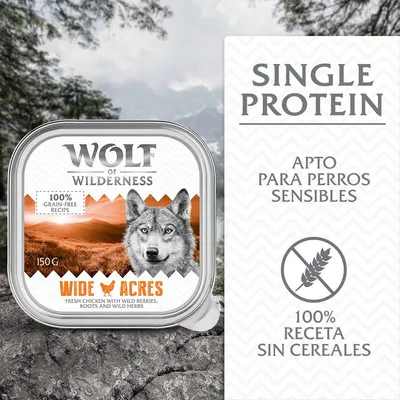 Wolf of Wilderness Wide Acres, 150 g. Single Protein. 100 % receta sin cereales. Apto para perros sensibles. 100 % grain-free recipe. Fresh chicken with wild berries, roots and wild herbs. Wolf of Wilderness Wide Acres, 150 g. Single Protein. 100 % receta sin cereales. Apto para perros sensibles. 100 % grain-free recipe. Fresh chicken with wild berries, roots and wild herbs.