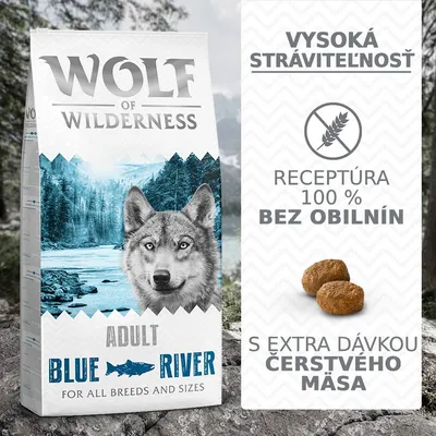 Wolf of Wilderness Adult Blue River, vysoká stráviteľnosť, receptúra 100 % bez obilnín, s extra dávkou čerstvého mäsa. Pre všetky plemená a veľkosti.
