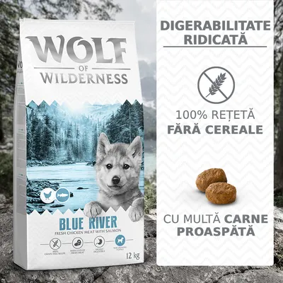 Wolf of Wilderness Blue River, 12 kg. Digerabilitate ridicată, 100% rețetă fără cereale, cu multă carne proaspătă. Imaginea prezintă ambalajul și crochete.