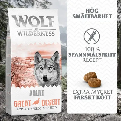 Wolf of Wilderness Adult Great Desert torrfoder. Text: Hög smältbarhet, 100 % spannmålsfritt recept, extra mycket färskt kött. Bild på foderbitar.
