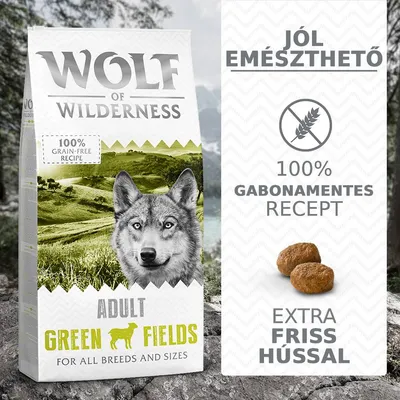 Wolf of Wilderness Adult Green Fields kutyatáp csomag, 100% gabonamentes recept, extra friss hússal, jól emészthető. 100% grain-free recipe felirat látható.