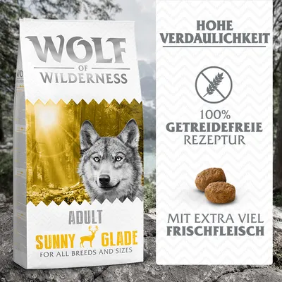 Wolf of Wilderness Adult Sunny Glade. Hohe Verdaulichkeit, 100% getreidefreie Rezeptur, mit extra viel Frischfleisch. Wolf of Wilderness Adult Sunny Glade. Hohe Verdaulichkeit, 100% getreidefreie Rezeptur, mit extra viel Frischfleisch.