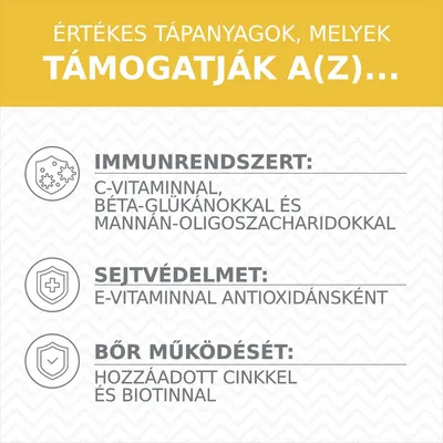 Értékes tápanyagok: immunrendszert C-vitaminnal, béta-glükánokkal és mannán-oligoszacharidokkal; sejtvédelmet E-vitaminnal; bőr működését cinkkel és biotinnal támogatják.