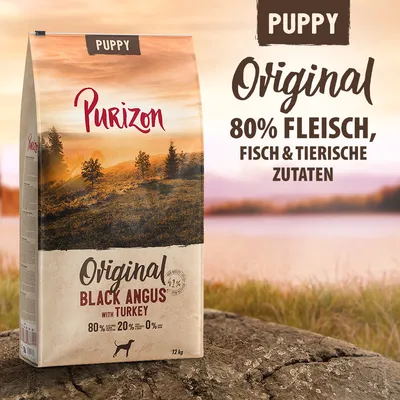 Purizon Puppy Original Black Angus with Turkey, sac de 12 kg. Texte visible : 80 % Fleisch, Fisch & tierische Zutaten. 80 % viande, 20 % autres ingrédients, 0 % céréales.