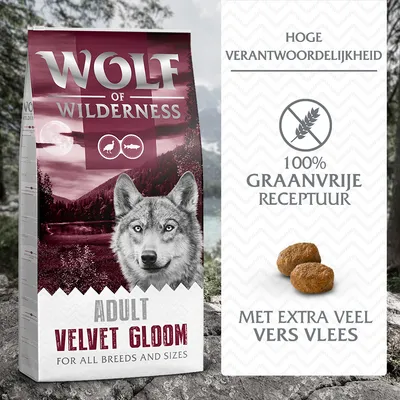 Wolf of Wilderness Adult Velvet Gloom hondenvoer, hoge verantwoordelijkheid, 100% graanvrije receptuur, met extra veel vers vlees. Voor alle rassen en maten.