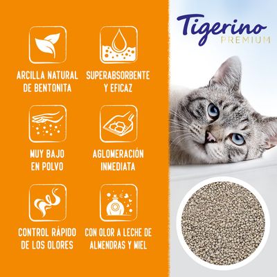 Tigerino Premium. Arcilla natural de bentonita, superabsorbente y eficaz, muy bajo en polvo, aglomeración inmediata, control rápido de los olores, con olor a leche de almendras y miel.