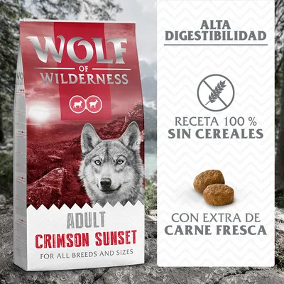 Pienso Wolf of Wilderness Adult Crimson Sunset. Alta digestibilidad, receta 100 % sin cereales, con extra de carne fresca. Para todas las razas y tamaños.