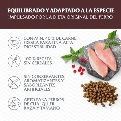 Equilibrado y adaptado a la especie. Con mín. 40 % de carne fresca, 100 % receta sin cereales, sin conservantes ni saborizantes artificiales, apto para perros de cualquier raza y tamaño.