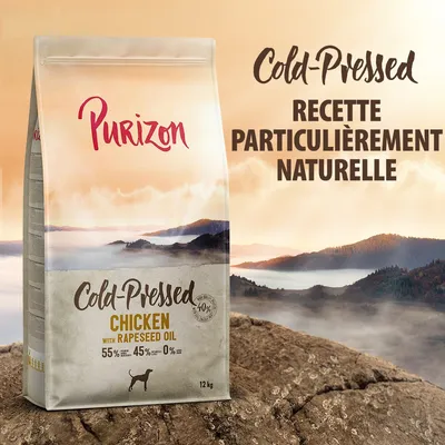 Purizon Cold-Pressed Chicken with Rapeseed Oil, 12 kg. 55 % poulet, 45 % autres ingrédients, 0 % sous-produits. Recette particulièrement naturelle. Texte en anglais et français visible.