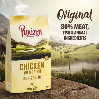 Purizon Original Chicken with Fish for adult dogs, 80% meat, fish and animal ingredients, 20% vegetables, 0% grain, 12kg bag shown.