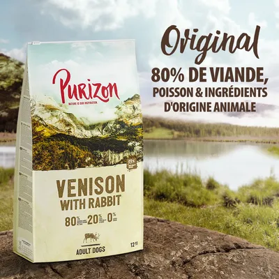Purizon Venison with Rabbit pour chiens adultes, 12 kg. Original, 80 % de viande, poisson et ingrédients d'origine animale. 80 % animal, 20 % végétal, 0 % céréales.