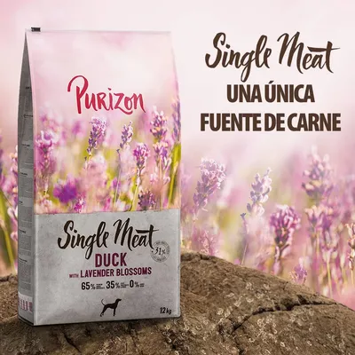 Purizon Single Meat Duck with Lavender Blossoms, 12 kg. Una única fuente de carne. 65 % carne, 35 % vegetales, 0 % cereales. Imagen del envase sobre fondo de lavanda.