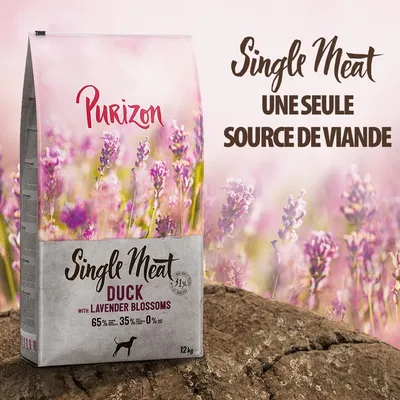 Purizon Single Meat Duck with Lavender Blossoms, 12 kg. Texte visible : Single Meat, une seule source de viande, 65 % canard, 35 % légumes, 0 % céréales.