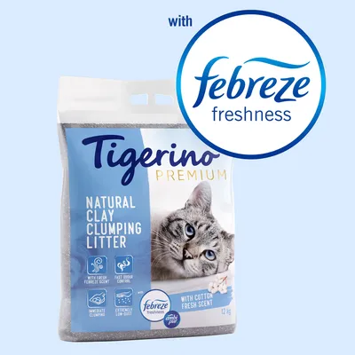 Tigerino Premium Natural Clay Clumping Litter -kissanhiekka, 12 kg. Teksti: with Febreze freshness, with cotton fresh scent, immediate clumping, extremely low-dust.