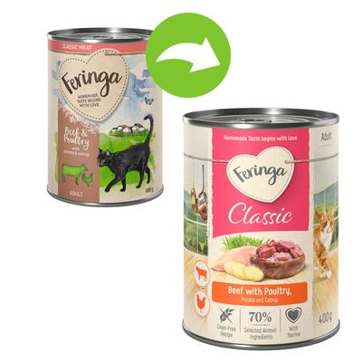 Feringa Classic Meat Rund & Gevogelte met aardappel en kattenkruid, nieuw blikdesign wordt aangegeven met een groene pijl. Beide blikken voor volwassen katten, 400 g.