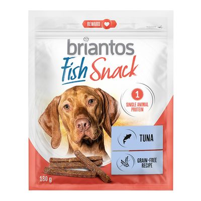 Briantos Fish Snack, 180 g, proteina animale singola, tonno, ricetta senza cereali. Confezione con simbolo cuore premio e icona pesce.