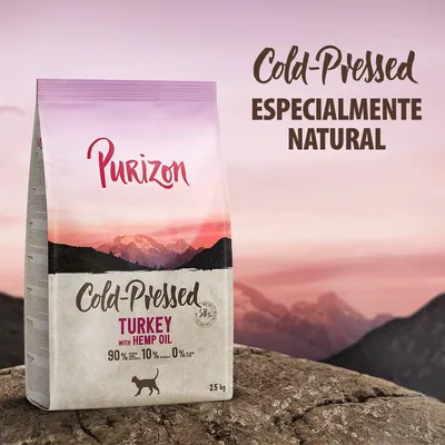 Purizon Cold-Pressed Turkey with Hemp Oil, 2,5 kg. 90 % proteína, 10 % grasa, 0 % cereales. Texto: Cold-Pressed, Especialmente natural. Purizon Cold-Pressed Turkey with Hemp Oil, 2,5 kg. 90 % proteína, 10 % grasa, 0 % cereales. Texto: Cold-Pressed, Especialmente natural.
