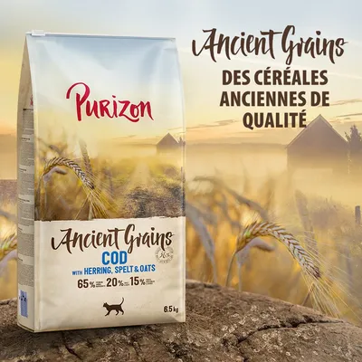 Sac Purizon Ancient Grains pour chat, morue, hareng, épeautre et avoine, 65 % ingrédients d’origine animale, 20 % céréales anciennes, 15 % fruits/légumes, 6,5 kg. Texte : des céréales anciennes de qualité.