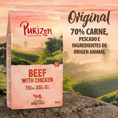 Purizon Beef with Chicken para gatos adultos, 6,5 kg. 70 % carne, pescado e ingredientes de origen animal. 70 % pollo y ternera, 30 % frutas y verduras, 0 % cereales. Purizon Beef with Chicken para gatos adultos, 6,5 kg. 70 % carne, pescado e ingredientes de origen animal. 70 % pollo y ternera, 30 % frutas y verduras, 0 % cereales.