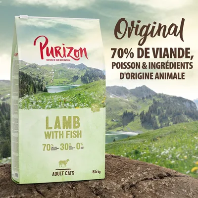 Purizon Lamb with Fish pour chats adultes, 6,5 kg. 70 % viande, poisson et ingrédients d'origine animale. 30 % fruits et légumes. 0 % céréales. Original. Purizon Lamb with Fish pour chats adultes, 6,5 kg. 70 % viande, poisson et ingrédients d'origine animale. 30 % fruits et légumes. 0 % céréales. Original.