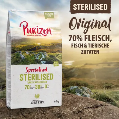 Purizon Sterilised Original für sterilisierte Katzen, 70% Fleisch, Fisch & tierische Zutaten, Specialised Turkey with Chicken, Adult Cats, 6.5kg.