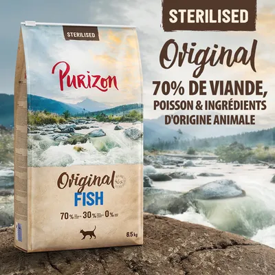 Purizon Original Fish Sterilised, 70 % de viande, poisson et ingrédients d’origine animale, sac de 6,5 kg pour chat. Texte visible : 70 %, 30 %, 0 %.