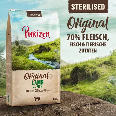 Purizon Sterilised Original Lamb with Fish, 70% Fleisch, Fisch & tierische Zutaten, 30% Gemüse, 0% Getreide. Packungsgrösse 6,5 kg. Purizon Sterilised Original Lamb with Fish, 70% Fleisch, Fisch & tierische Zutaten, 30% Gemüse, 0% Getreide. Packungsgrösse 6,5 kg.