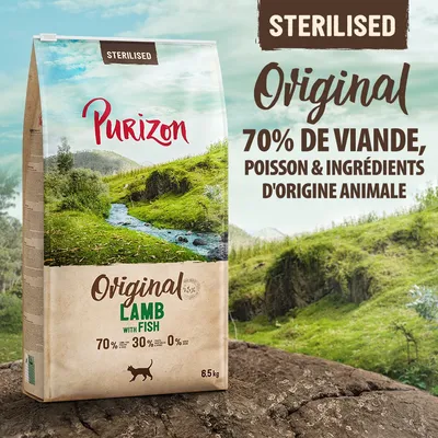 Purizon Original Lamb with Fish, stérilisé, 70 % de viande, poisson et ingrédients d'origine animale, sac de 6,5 kg visible, texte en anglais et français sur l'emballage. Purizon Original Lamb with Fish, stérilisé, 70 % de viande, poisson et ingrédients d'origine animale, sac de 6,5 kg visible, texte en anglais et français sur l'emballage.