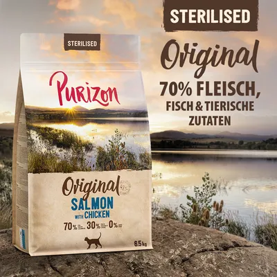 Purizon Sterilised Original Salmon with Chicken, 70 % viande, poisson et ingrédients animaux, 30 % fruits et légumes, 0 % céréales, sac de 6,5 kg. Texte en allemand sur l’image.
