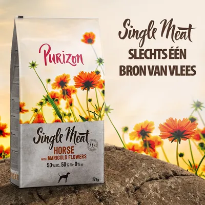 Purizon Single Meat Horse with Marigold Flowers, 12 kg. Slechts één bron van vlees. 50% paardenvlees, 50% overige ingrediënten, 0% granen. Single Meat met goudsbloemen.