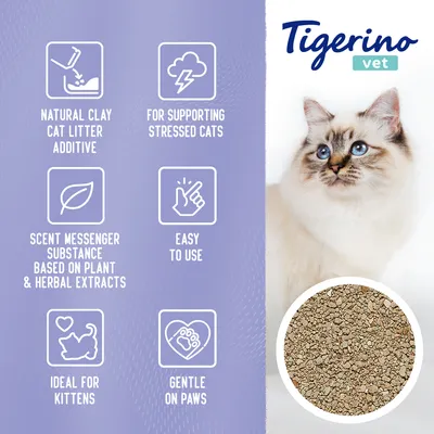 Tigerino vet. Natural clay cat litter additive, for supporting stressed cats, scent messenger substance based on plant & herbal extracts, easy to use, ideal for kittens, gentle on paws.
