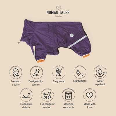 Nomad Tales München Hundemantel in Lila. Eigenschaften: Premiumqualität, Komfortdesign, leicht anzuziehen, wasserabweisend, reflektierende Details, volle Bewegungsfreiheit, maschinenwaschbar.