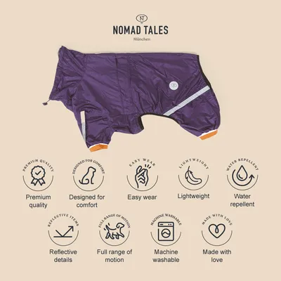 Nomad Tales München Hundemantel in Lila. Eigenschaften: Premiumqualität, Komfortdesign, leicht anzuziehen, wasserabweisend, reflektierende Details, volle Bewegungsfreiheit, maschinenwaschbar.
