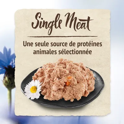 Single Meat. Une seule source de protéines animales sélectionnée, texte visible au-dessus d'une assiette de pâtée pour animaux.