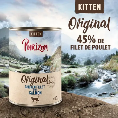 Purizon Kitten Original, 45 % de filet de poulet, 400 g. Texte visible : Chicken fillet with salmon, 14 % content. Pour chaton.
