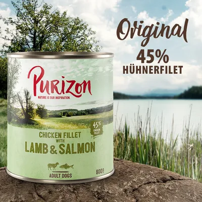 Purizon Hundefutter, 800g Dose, mit 45% Hühnerfilet, Lamm und Lachs. Original Rezeptur für erwachsene Hunde.