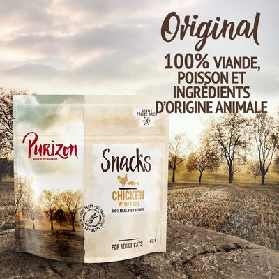 Purizon Snacks Chicken with Fish pour chats adultes, 40 g. Texte visible : Original, 100 % viande, poisson et ingrédients d’origine animale, gently freeze-dried, 100% meat, fish & liver.