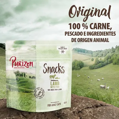 Purizon Snacks Lamb with Fish para gatos adultos, 40 g. Texto visible: Original, 100 % carne, pescado e ingredientes de origen animal. Gently freeze-dried.