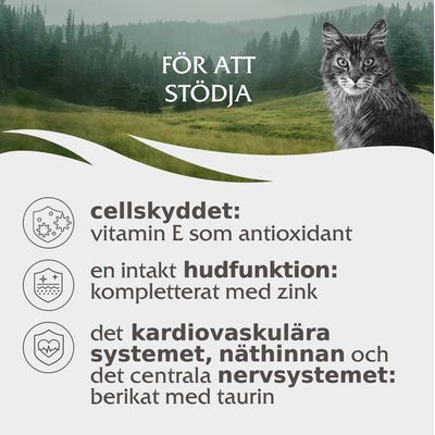 FÖR ATT STÖDJA cellskyddet: vitamin E som antioxidant, hudfunktion: kompletterat med zink, kardiovaskulära systemet, näthinnan och nervsystemet: berikat med taurin.