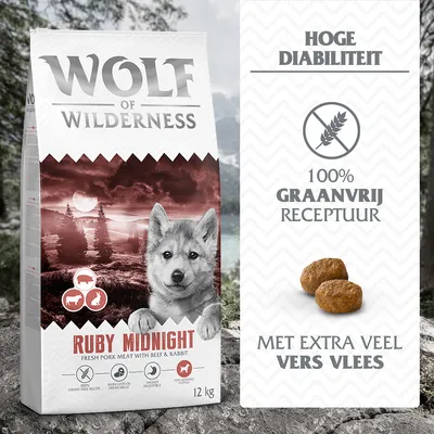 Wolf of Wilderness Ruby Midnight hondenvoer 12 kg, hoge diabiliteit, 100% graanvrij receptuur, met extra veel vers vlees, varkens-, rund- en konijnenvlees zichtbaar op verpakking.