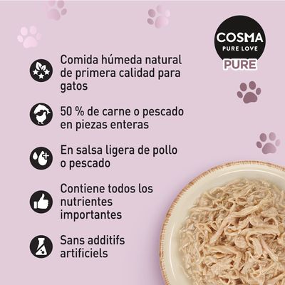 COSMA PURE LOVE PURE. Comida húmeda natural para gatos: 50 % carne o pescado en piezas enteras, en salsa ligera de pollo o pescado, contiene nutrientes importantes, sin aditivos artificiales.