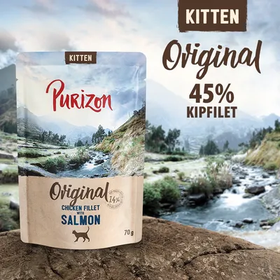 Purizon Kitten Original, 45% kipfilet, chicken fillet with salmon, 70 g. Verpakking met berglandschap op de achtergrond. Voor kittens staat duidelijk zichtbaar op de verpakking.