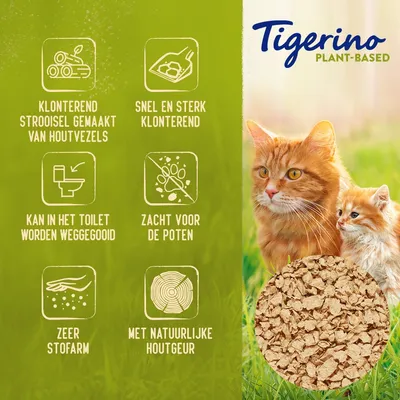 Tigerino Plant-Based kattenbakvulling, klonterend strooisel van houtvezels, snel en sterk klonterend, kan in toilet worden weggegooid, zacht voor poten, zeer stofarm, met natuurlijke houtgeur.